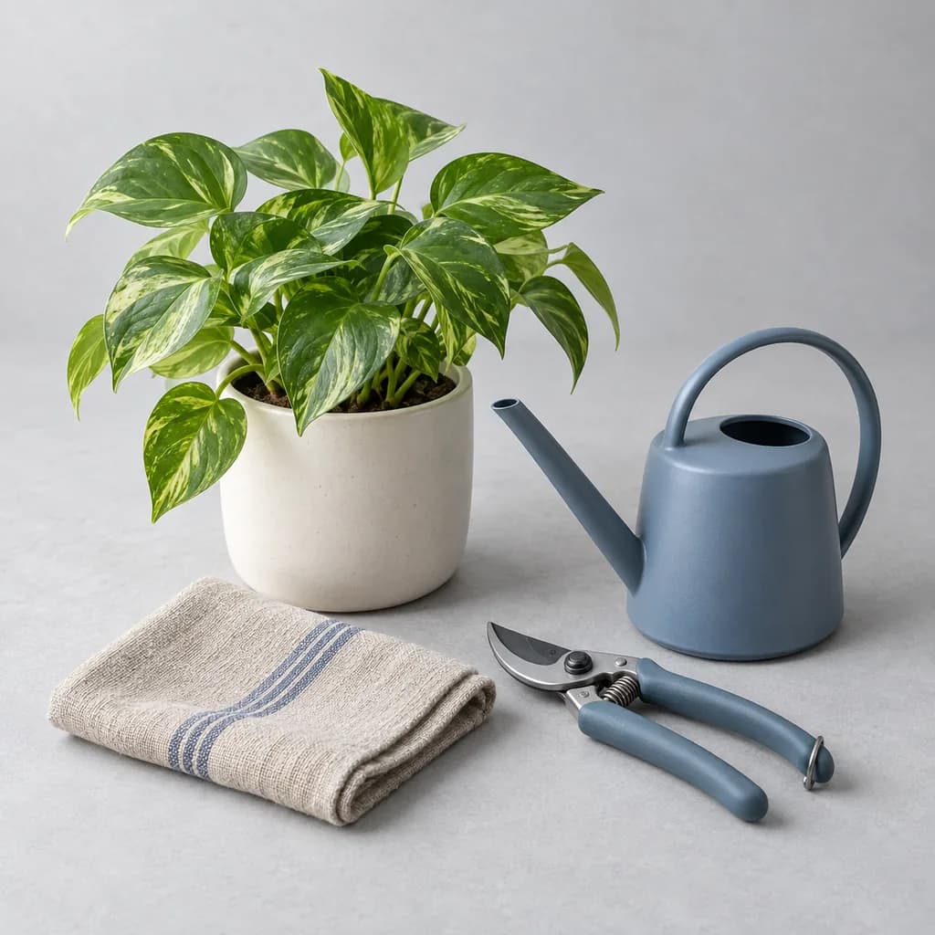 Een kamerplant, gieter, snoeischaar en linnen doek