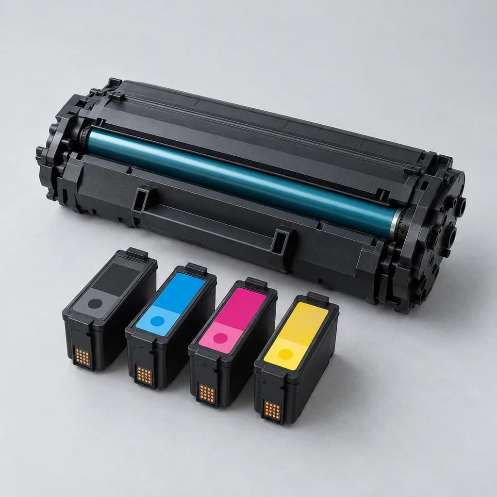 Een zwarte tonercartridge en vier inktcartridges