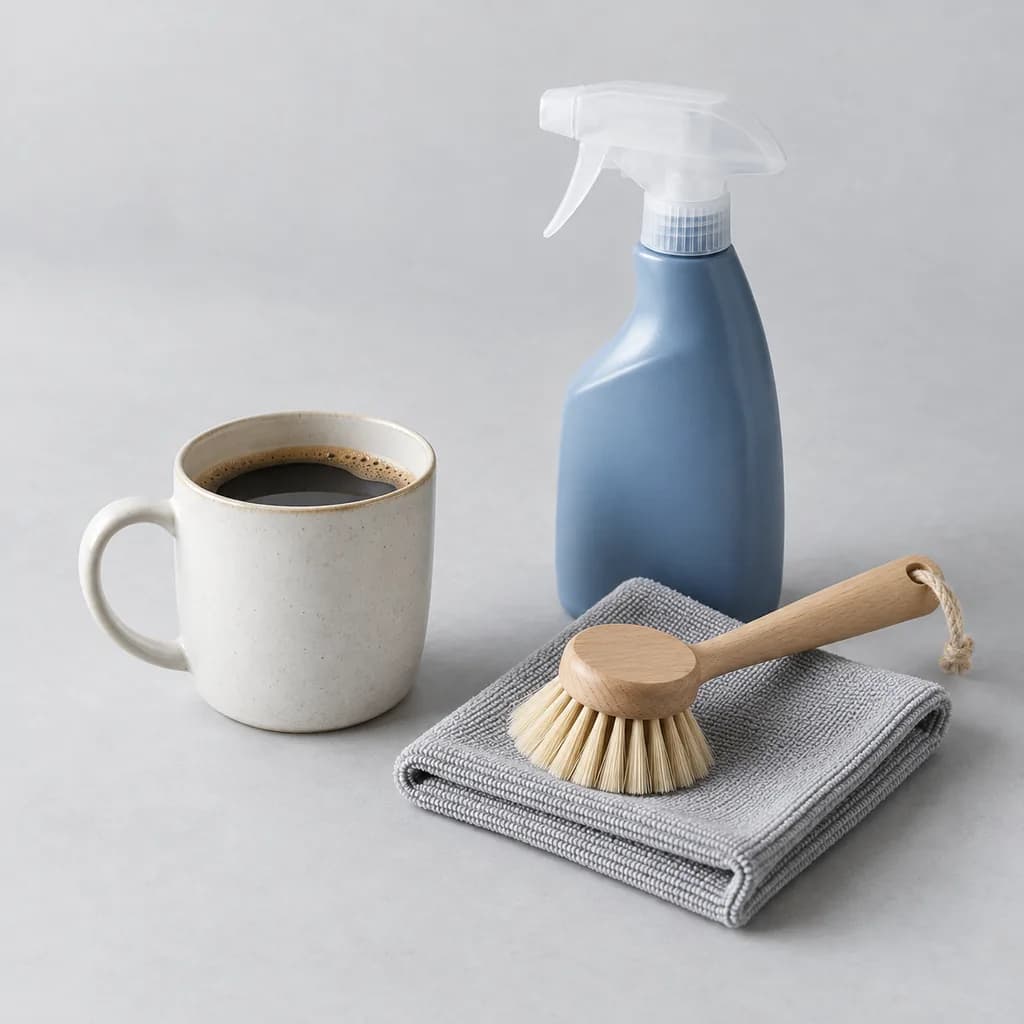 Een koffiemok naast een schoonmaakfles, doek en afwasborstel