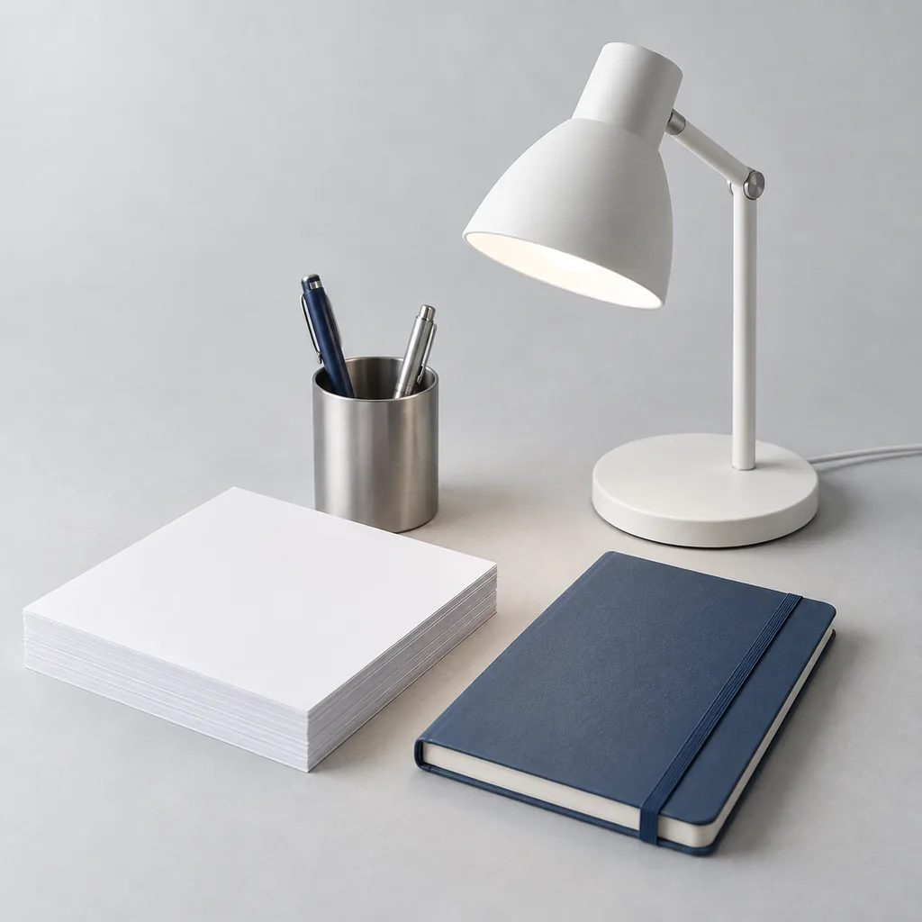 Papier, een blauw notitieboek, pennen en een bureaulamp