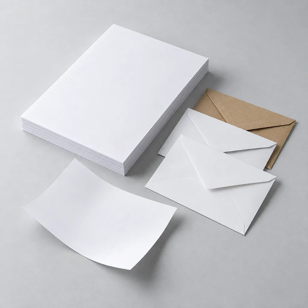 Een stapel wit papier met witte en kraftenveloppen